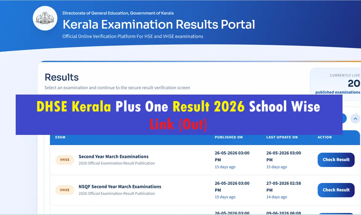 DHSE Kerala Plus One Result 2026 School Wise Link (Out)